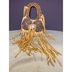 Vintage Handmade Decorative Navajo Branch Twig Deer Skin Feathers Hanging Basket